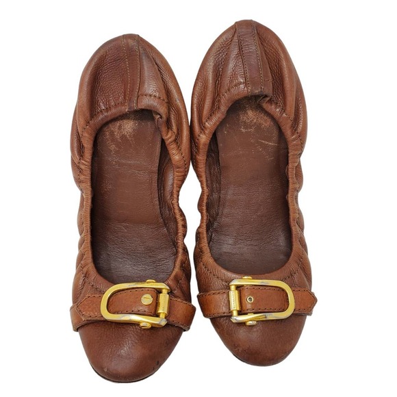Burberry 38 Brown Leather Foldable Ballet Flat Buckle Worn Minimalist Career - Picture 1 of 7